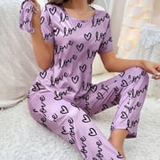 TINZ Women's Letter Print Short Sleeve Pajama Set With Long Pants And Sleep Casual Homewear Sleepwear Outfit Womens Satin Sleep Shorts Sleep Wear for Women for Women Pajamas Set