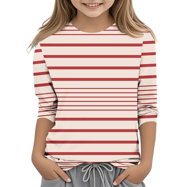 ShomPort Boys Girls T-Shirts 3/4 Sleeve Stripe Pattern Round Collared Lightweight Undershirt Cozy Soft Pullover Basic Layer Tees Tops