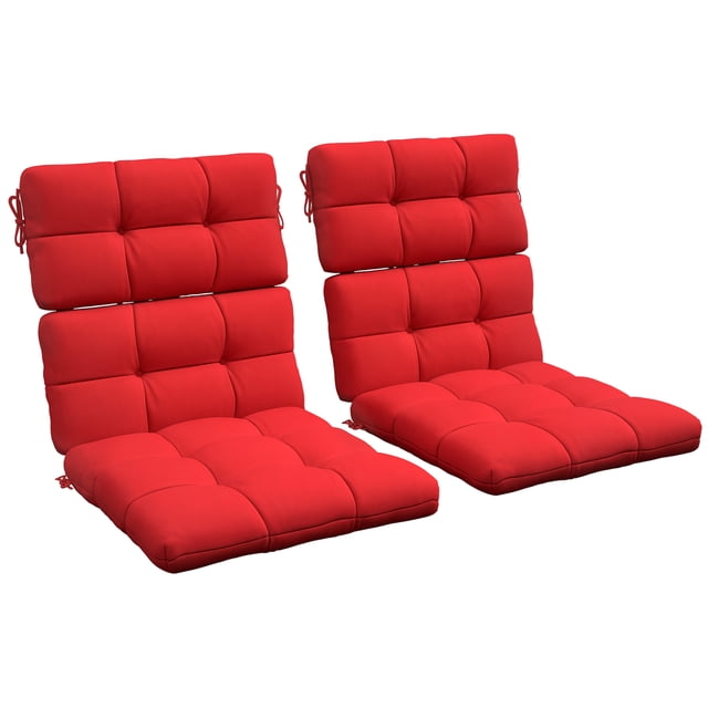 Indoor Outdoor Chair Cushion with Ties, Button Tufted, for Garden, Red. This set includes two red tufted cushions made of yarn-dyed fabric, designed for outdoor or indoor use. Each cushion features thick filling for comfort, multiple tie fastenings for secure attachment, and a fade-resistant, water-repellent cover. Dimensions: 44.1 inches long, 22 inches wide, and 3.9 inches thick. Suitable for enhancing garden or patio seating.