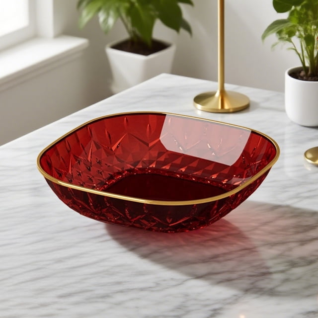 Luxury Gold-Rimmed Square Plastic Dinner Plates for Snacks, Fruit, and Candy - Food Safe, Stackable, Dishwasher Safe