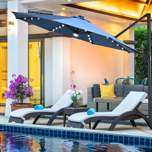 Costway 10ft Solar LED Cantilever Offset Patio Umbrella 360dgrees Rotation Aluminum Blue