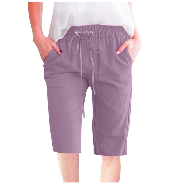 AherBiu Plus Size Shorts for Women Casual Drawstring Solid Color Loose Fitting Straight Leg Knee Length Lounge Shorts