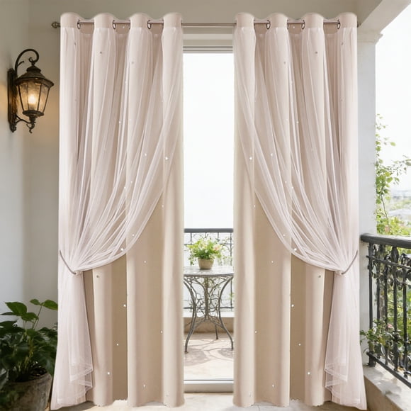 Star Blackout Curtains with Sheer Overlay,84in Black Curtains for Bedroom Living Room Thermal Insulated Curtain Hollow-Out Star Window Curtain,Aesthetic Double Layer Living Room Nursery Drapes