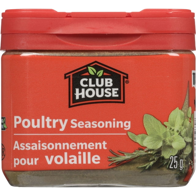 Club House Poultry Seasoning in a clear glass jar with a red lid and label featuring the Club House logo and bilingual English-French text, containing 25 g of herb blend seasoning ideal for poultry dishes and savory recipes.