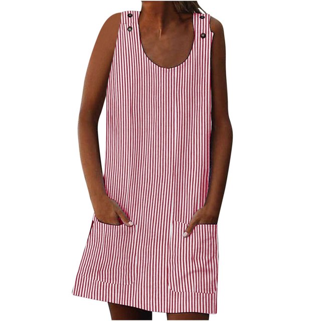 Penkiiy Robe Courte Sans Manches à Rayures Imprimées à Boutons à Bretelles pour Femme avec Poches Mini Tunique Robe Débardeur avec Double Poche m Rouge
