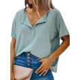 thumbnail image 1 of Women Button Lapel Collar V Neck Short Sleeve Pocket Plain Shirt, 1 of 4