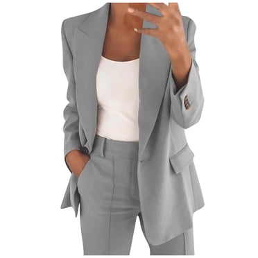 PEZHADA Fall Savings Women's Ruched Long Sleeve Open Front Blazer Jacket Casual Business Work Office Blazers with Pockets Gray