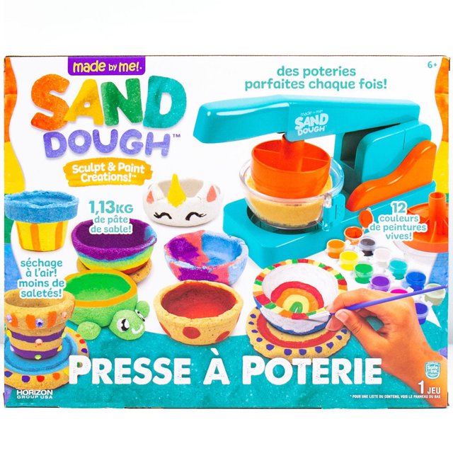 Made By Me! Sand Dough Sculpt & Paint Creations Pottery Press kit with turquoise and orange pottery press, 12 bright paint colours, sculpting tools, and air-dry sand dough bowls and dishes including unicorn and turtle designs, suitable for creative pottery crafting and decoration.