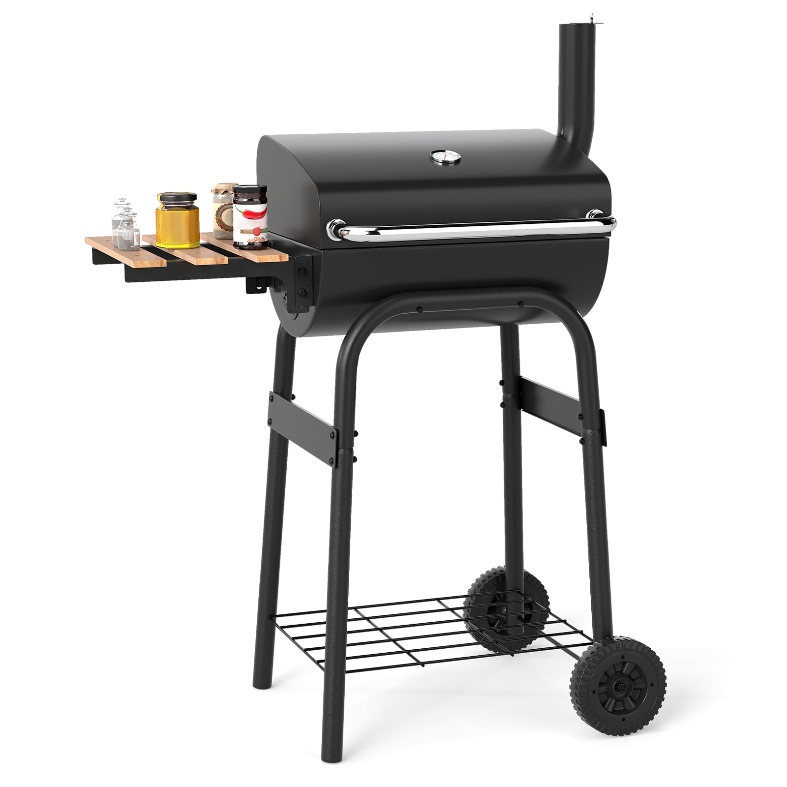 Gymax Barrel Charcoal Grill w/Foldable Side Table Built-in Thermometer & Storage Shelf