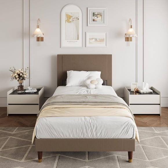 Twin Size Bed Frame with Upholstered Headboard and Strong Wooden Slats Support, Soft Corduroy Fabric Platform Bed, No Boxing Spring Needed, Easy Assembly, Brown
