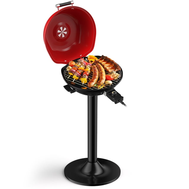 Patiojoy Electric BBQ Grill Portable Grill with metal cooking grilling rack, detachable temperature control, and removable grease collector in red. This electric BBQ features a 15-inch round cooking area, adjustable temperature range from 200℉ to 425℉, insulated lid, and anti-scald handle on a black stand. Ideal for outdoor cooking in patios, backyards, or camping sites.