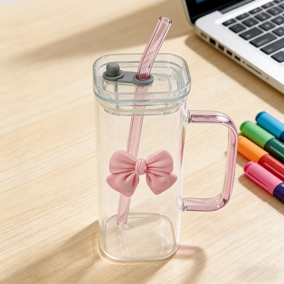 Iumwxz Glass Water Cup with Handle Lid Glass Straw Detachable Butterfly Decoration Stylish Leakproof Durable Drinking Tumbler for Home Office Daily Use Juices Iced Tea 1 Piece Pink