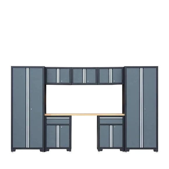TMG Industrial Garage Storage Cabinet Combo Set, 8-Piece, Rubber Wood Tabletop, Recessed Aluminum Handles, TMG-GCC08B