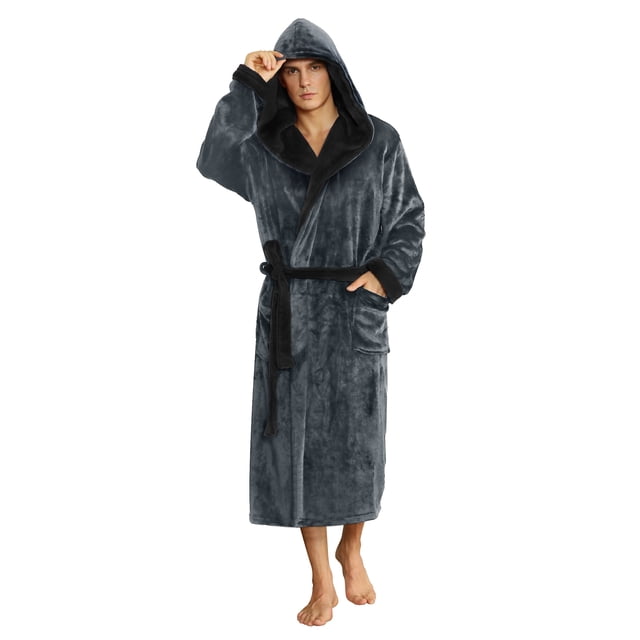 U2SKIIN Mens Fleece Robe with Hood, Mid Length Plush Shawl Collar Two Tone Bathrobe,(Dark Grey/Black,S-M)