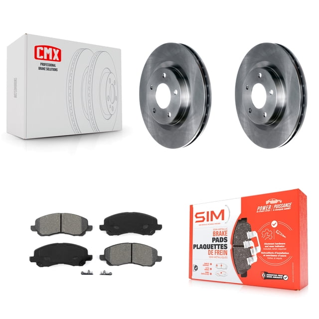 Transit Auto Front Disc Brake Rotors and Semi-Metallic Pads Kit for various car models, including Mitsubishi Lancer, Outlander, Jeep Patriot, Dodge Avenger, and Chrysler 200. The kit includes two front disc brake rotors and a set of semi-metallic brake pads with hardware. The rotors are engineered with carbon-enhanced XCast™ iron castings for durability and wear resistance, while the pads feature MetalliX™ low resin semi-metallic compound for superior braking performance. Rubberized multi-layer stainless steel shims reduce noise and vibration. Suitable for vehicles with 294mm diameter front rotors. Packaged in branded boxes with visible product details.
