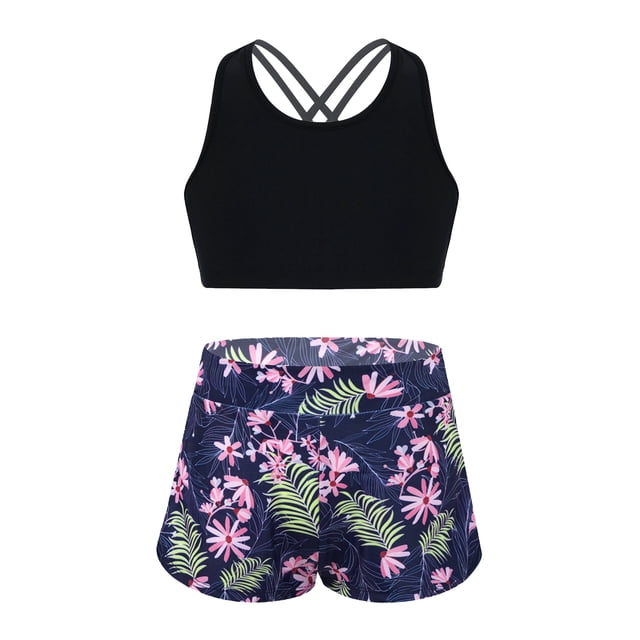 Oyolan Kids Girls Two Pieces Athletic Swimsuit Gym Sports Workout Tank Top with Booty Shorts Set Navy Blue 8