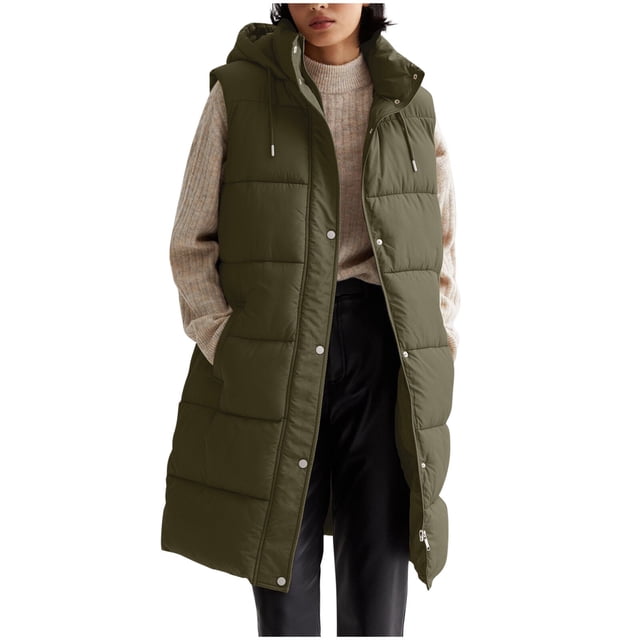 LOVZFMLL Winter Jackets for Women, long sleeveless puffer vest in solid olive green with hood and pockets. Made from soft polyester, this casual outerwear features a quilted design, snap-button closure, and a relaxed fit. Ideal for layering in winter and spring, suitable for casual daily wear or outdoor activities.