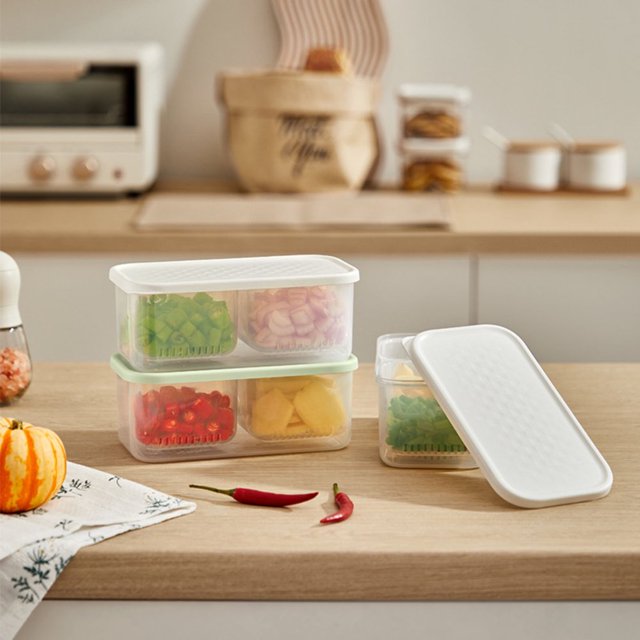 Food Container with Lid Drain Basket Good Sealing 2 Grids Refrigerator Onion Storage Box Kitchen Gadget