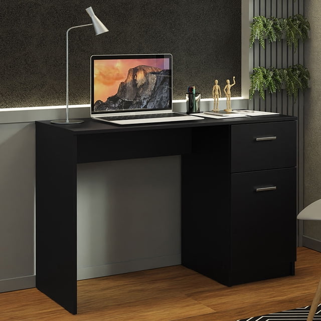 Madesa Compact Computer Desk Study Table for Small Spaces Home Office, 43-inch black desk with a modern design. Features a spacious tabletop, one drawer, and a cabinet for storage. Ideal for work, study, or gaming, shown in a home office setting with a laptop, lamp, and decor items.