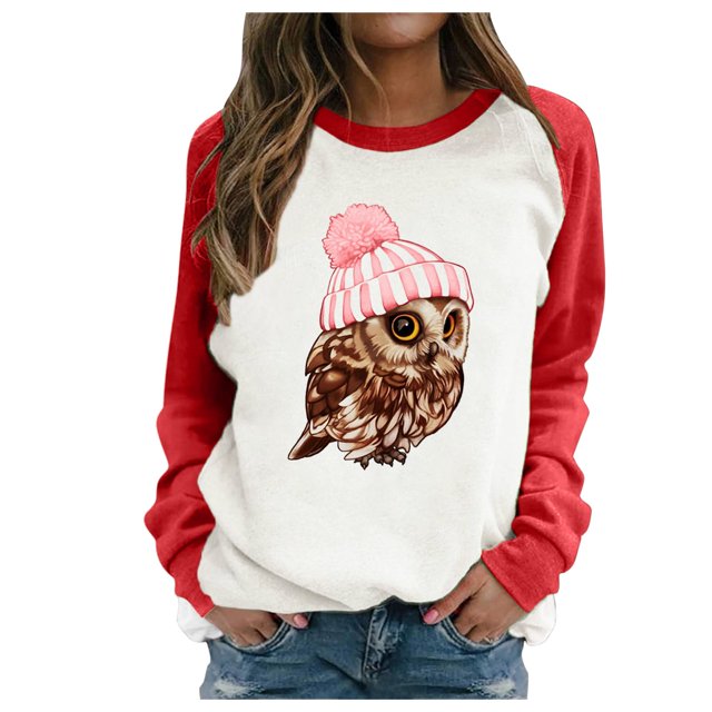 Black Sweater women Owl Print Stitching Contrast Color Top Sweater Long Sleeves