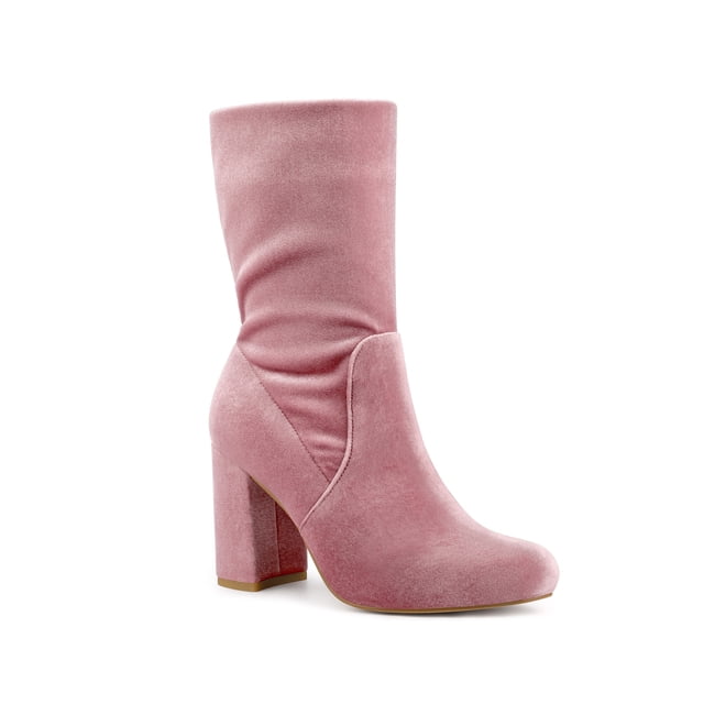 Unique Bargains Women's Round Toe Block Heels Foldable Mid Calf Boots Pink (Size 6.5)