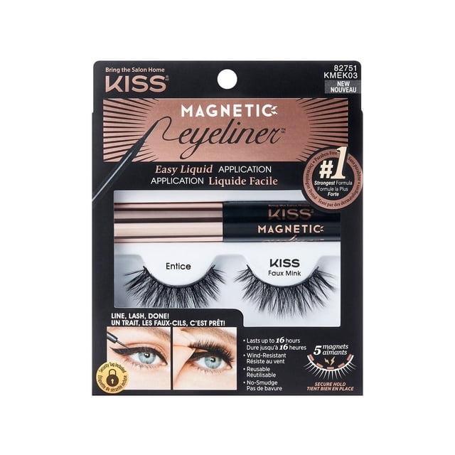 KISS Magnetic Eyeliner Kit - 03 includes smudge-proof, biotin-infused liquid eyeliner with precision tip and two false lash styles, Entice and Faux Mink, each with 5 double strength magnets for secure, wind-resistant hold and easy application.