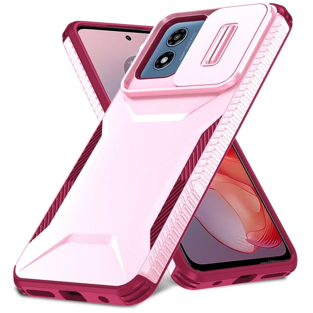 AutoCovers Rugged Case for Motoroal Moto G Play 4G 2024, Sliding Camera Lens Protector Military Grade Shockproof Bumper Phone Case for Moto G Play 4G 2024, Pink