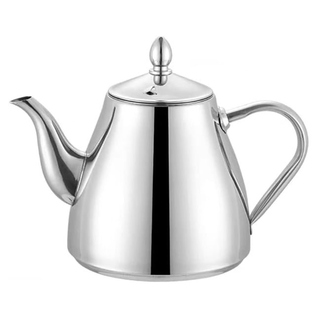 SANQIAHOME Stainless Steel Teapot Coffee Servers 1200ml with a mirror-polished surface and elegant design. The teapot features a large spout for easy pouring, a rounded handle for a comfortable grip, and a domed lid with a decorative knob. Suitable for home or restaurant use and compatible with most induction cookers.