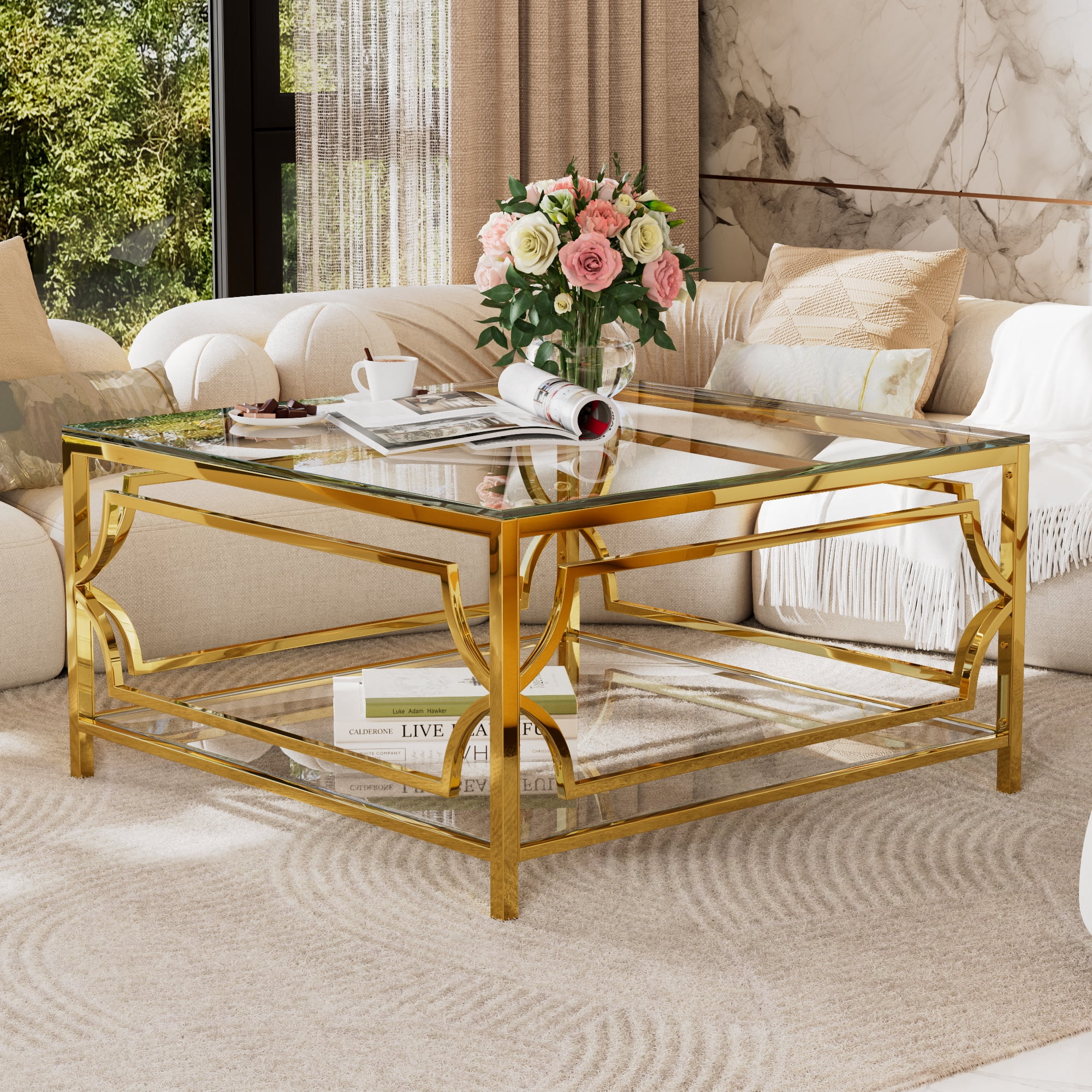 Table basse carrée en verre trempé Noble House 85 cm, transparente et dorée