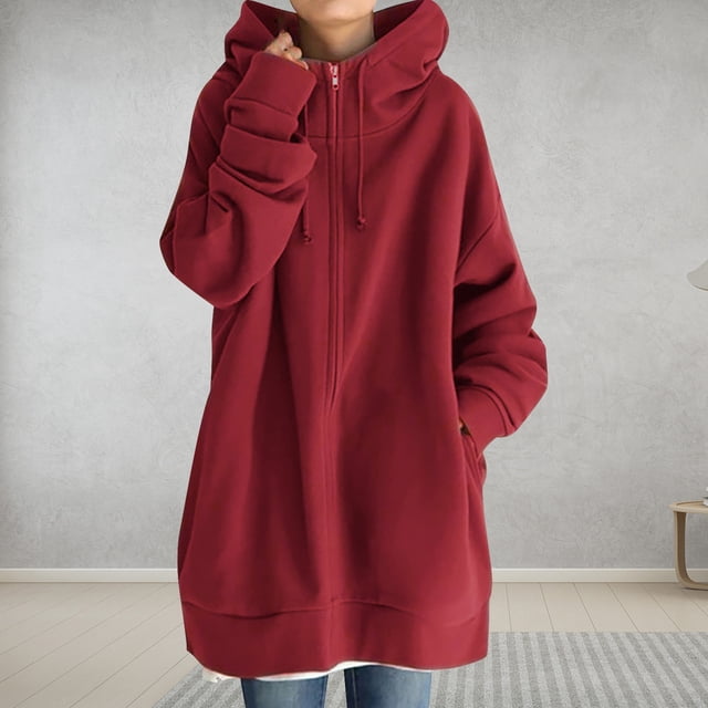 Meichang Womens Fall Winter Warm Zipper Open Fleece Hoodies Sweatshirt Long Jacket Drawstring Coat Jacket Tops Outwear Plus Size
