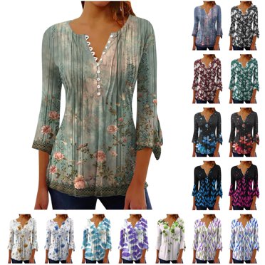 QATAINLAV Hauts Floraux pour Femmes Été Décontracté Manches 3/4 Blouses Bohèmes Coupe Ample Bouton Col en V Tuniques Chemises Plissées Manches Évasées T-Shirts Éclair Prime Aujourd'hui Violet TTG