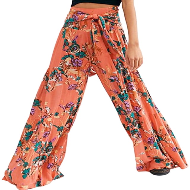 Pantalons de Plage Boho pour Femmes Taille Haute Décontractée Ample Jambe Grand Droite Imprimée