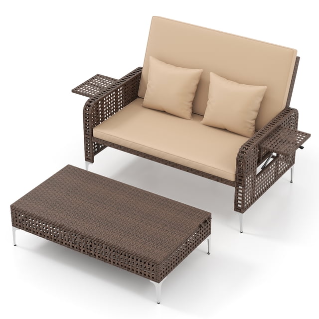 Gymax Causeuse en Osier 2 Pcs et Pouf de Rangement avec Dossier à 4 Niveaux et Coussin Doux Beige