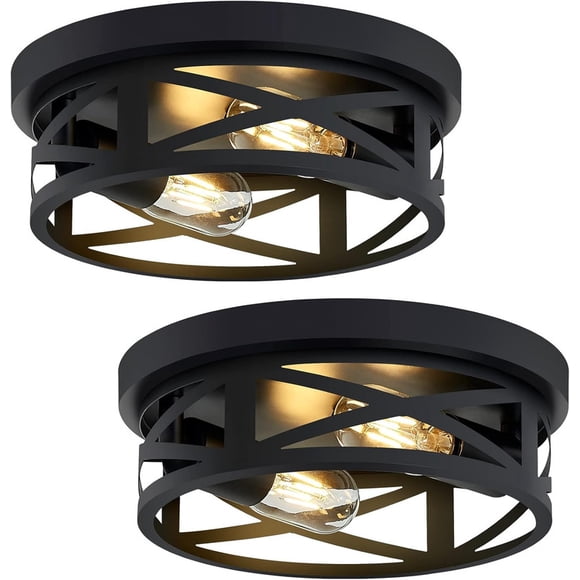 LiMoTech 2 Pack Flush Mount Ceiling Light Fixture, 2-Light Black Flush Mount Ceiling Light,Industrial Farmhouse Metal Cage Ceiling Mount for Kitchen Entryway Hallway E26 Base