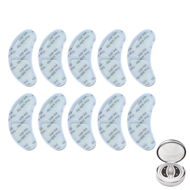 QUTETN Red Light Eye Patches Anti Aging Massage Relieves Fatigue. A set of crescent-shaped eye patches designed for the delicate under-eye area, featuring advanced red light technology for targeted skincare. The image shows ten reusable patches with a smooth, translucent surface, accompanied by a compact storage case. These patches are ideal for reducing puffiness, fine lines, and fatigue while promoting circulation and relaxation. The product offers three customizable intensity settings and an auto-off feature for safety and convenience.
