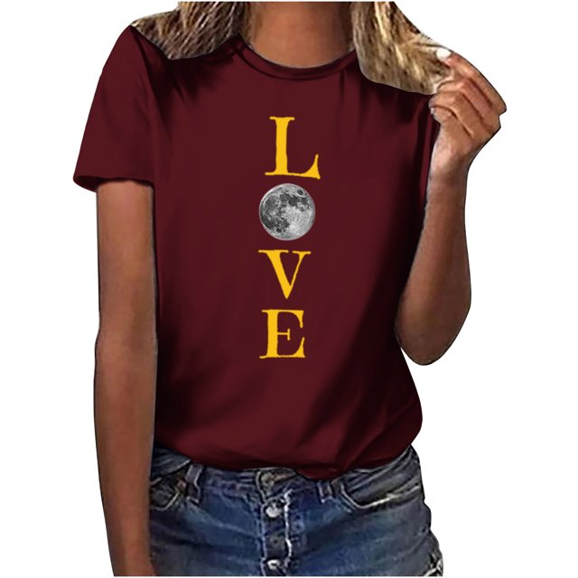 Penkiiy T-Shirt Musulman Ramadan pour Femmes T-Shirts Graphiques Mignons pour Femmes Col Rond Manches Courtes Imprimé Lune T-Shirt Décontracté S Vin