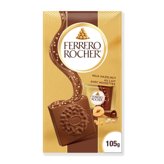 Carrés de chocolat haut de gamme FERRERO ROCHER Au lait avec noisettes, 10 carrés de chocolat emballés individuellement, parfaits à offrir ou à partager, 105 g