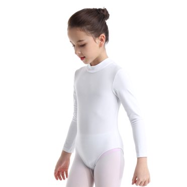 Oyolan Girls Gymnastics Leotard Turtle Neck Long Sleeve Bodysuit Jumpsuit for Ballet Dance Sport Swimming White S