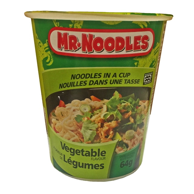 Mr. Noodles Vegetable Cup 64g instant ramen noodles in a green cup with vegetable flavour, featuring a front view of the packaging with images of noodles and vegetables, labeled microwave safe and bilingual English-French text, ideal for quick, convenient meals.