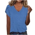 thumbnail image 2 of Nouvelle Sortie, Chemise Décontractée à Manches Courtes Patchwork Col en V en Coton pour Femmes, Style Confortable et Décontracté, Garde-Robe/coton Essentiel, Bleu, Sopatenor, 2 of 6