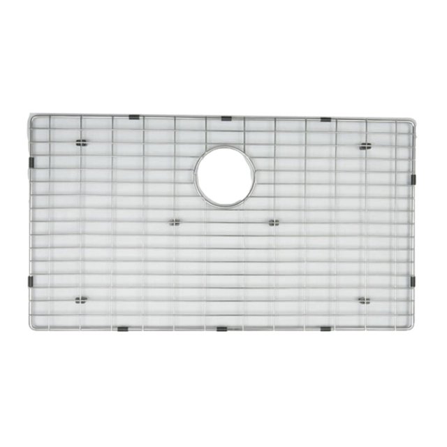American Imaginations 29-in. W Kitchen Sink Grid AI-34639, a rectangular stainless steel grid in chrome with an oval cutout for drain access, featuring black protective bumpers, designed for drop-in installation to protect and organize kitchen sinks.