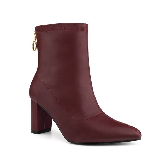 Unique Bargains Bottines à Talon Bloc à Bout Pointu à Fermeture Éclair Arrière pour Femme Bourgogne (Taille 8)