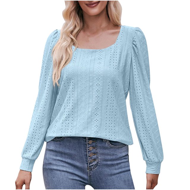 Timegard Hauts à Oeillets pour Femmes Col Rond Manches Longues Bouffantes T-Shirts Transparents Chic Décontracté Hauts Amples