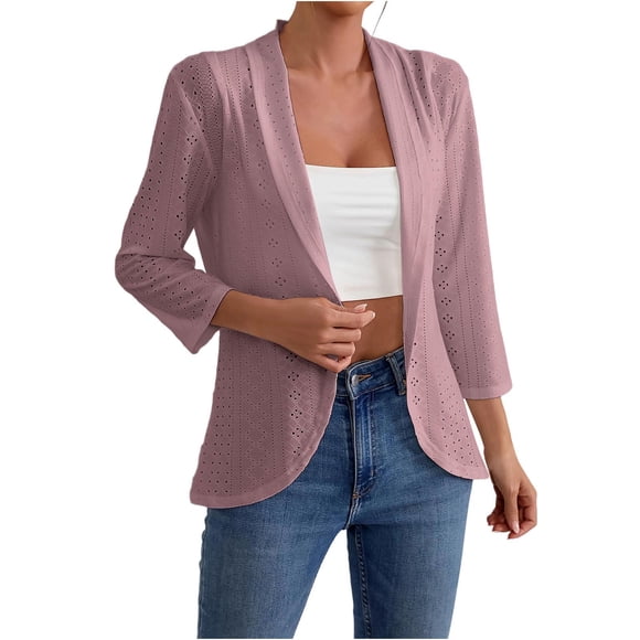 Besolor Womens Lightweight Cardigan Casual 3/4 Sleeve Open Front Eyelet Hollowed-Out Cardigans Fall Clothes