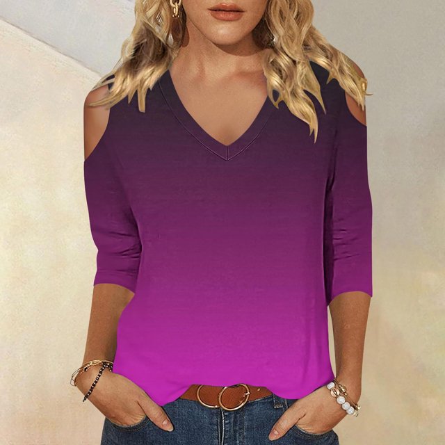 Mefallenssiah Hauts pour Femmes Tendance Manches 3/4 Mode Décontractée Épaules Dénudées Col en V Imprimé