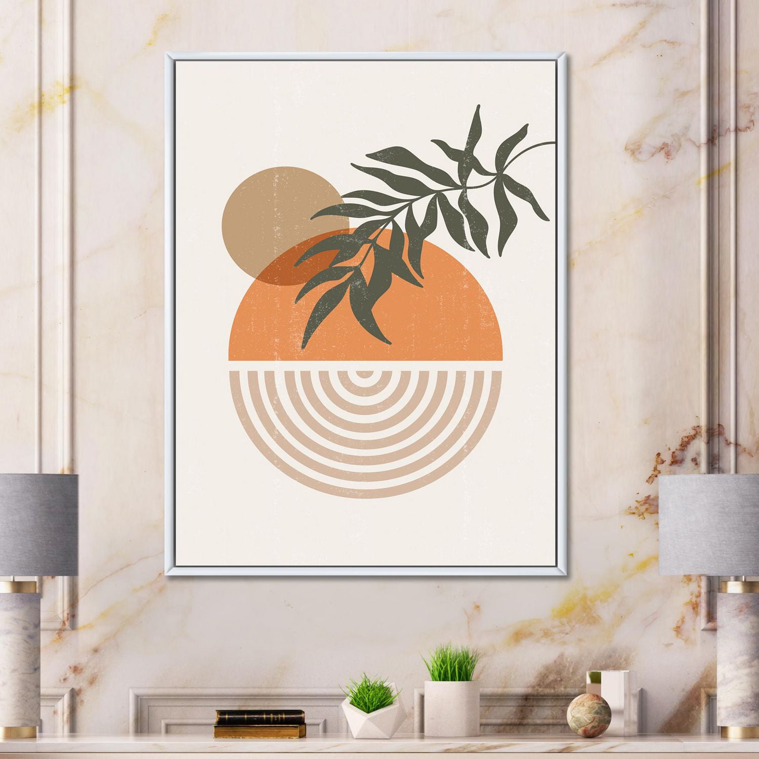 Designart Soleil géométrique abstrait et lune avec feuille I ART MURAL À CADRE FLOTT