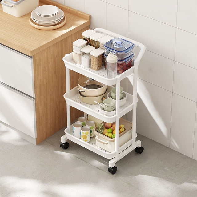Aodebiao 3-Tier Rolling Utility Cart – Large Mobile Storage Shelf with Wheels, Adjustable Kitchen & Bathroom Organizer Rack for Snacks, Pantry, Shoes – Black/White