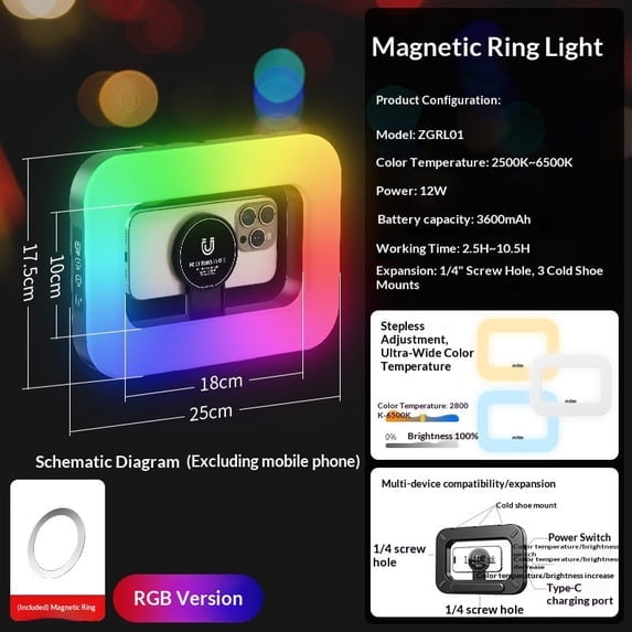 Magnetic 3600mAh 12W RGB Selfie Ring Light for Smartphone, Rechargeable Phone Light,Double-Sided Magnet Handheld Stabilizer for Magsafe/Phones/Video Recording/Photos