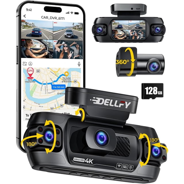 4 Channel Dash Cam, 4K Front and 1080P Rear Side Cameras, 360° Full View Car Camera with GPS, 5G WiFi App, 24H Parking Mode, IR Night Vision, G-Sensor, 128GB Memory Card Included