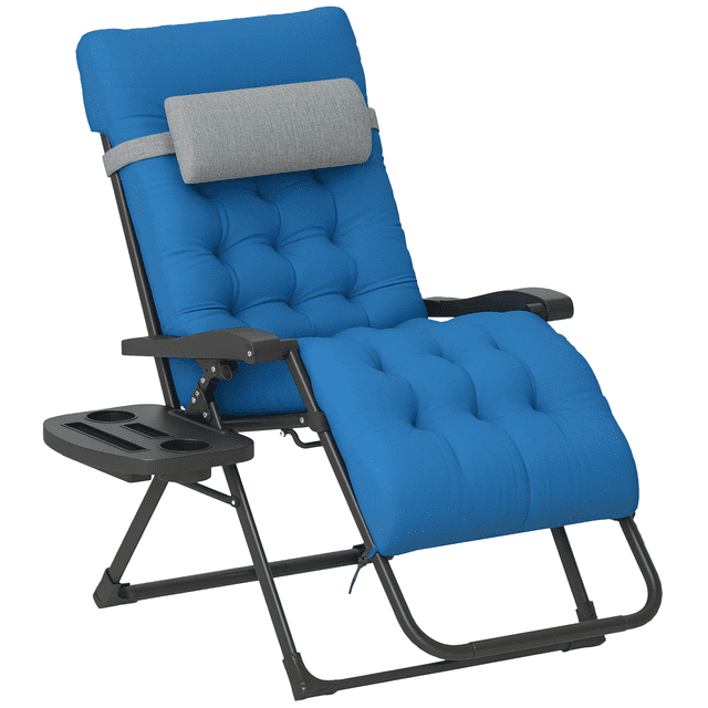 Outsunny Padded Zero Gravity Chair, Folding Recliner Chair in navy blue with a curved ergonomic design. Features a padded cushion, adjustable backrest, and a detachable headrest for optimal comfort. Includes a cupholder tray for drinks, magazines, or phones. Made with a steel frame and breathable mesh fabric, supporting up to 264 lbs. Foldable and portable for easy storage and transport, suitable for outdoor patios, campsites, or indoor use.